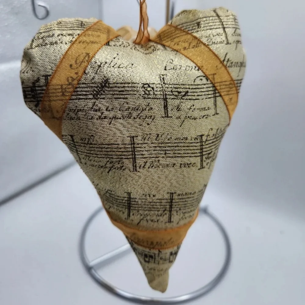 Christmas Ornament, Pillow heart, Music theme, gold shimmer, floral